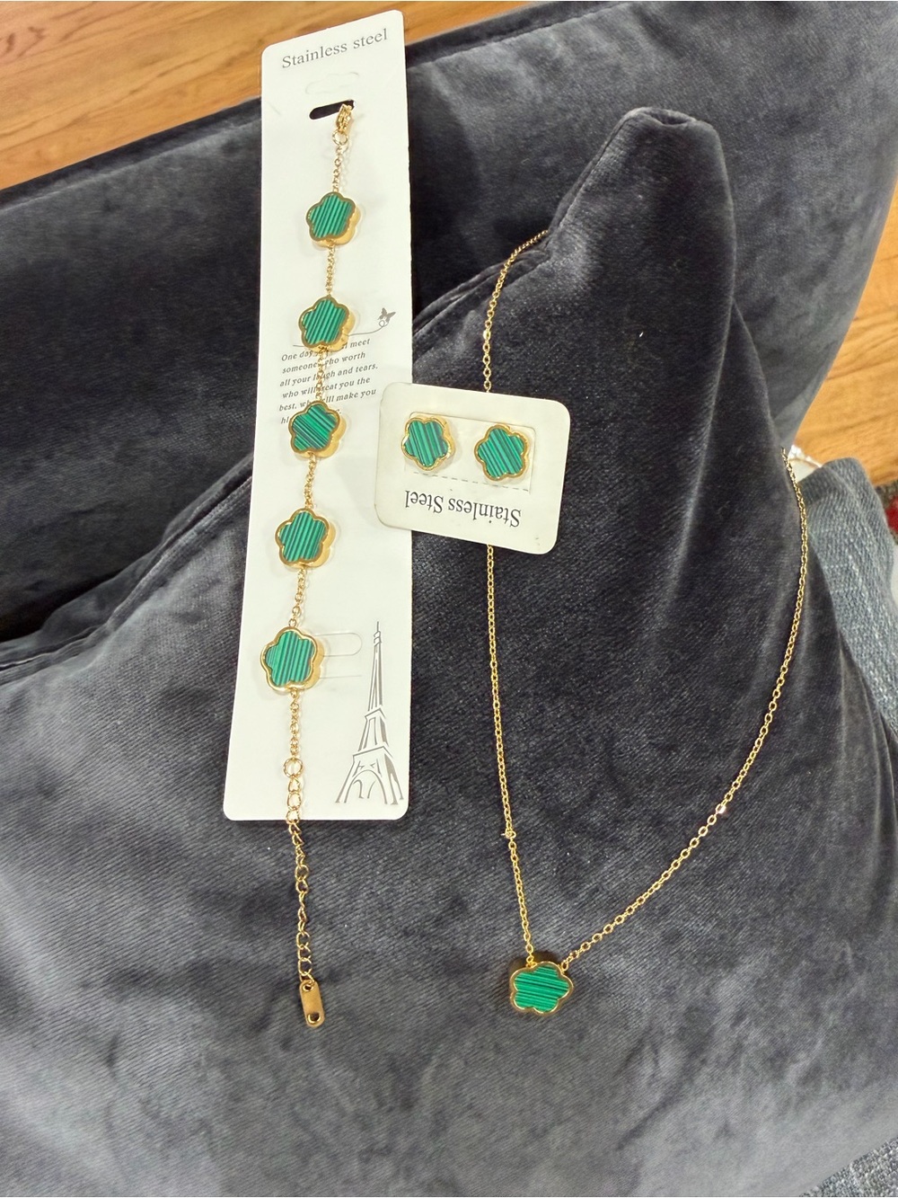 Gold Green Clover Stainless Steel Jewelry Set - Bracelet, Necklace, Earrings